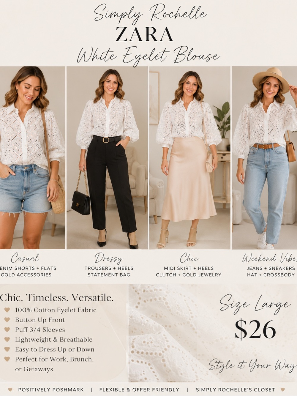 ZARA White Eyelet Button-Up Blouse with Puff Sleeves